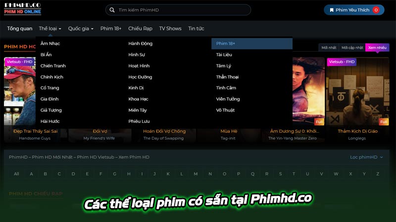 Các thể loại phim có sẵn tại Phimhd.co